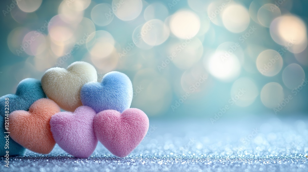 Obraz premium A delightful collection of soft, fluffy fur hearts in pastel colors including blue, peach, yellow, and pink, resting on a glittery surface with a dreamy bokeh, Copy space fot Valentine's Day card