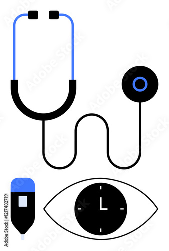 Stethoscope, clock within eye shape, and glucometer in sleek design. Ideal for healthcare, diagnostics, time management, medical monitoring, vision care, wellness and technology-driven healthcare
