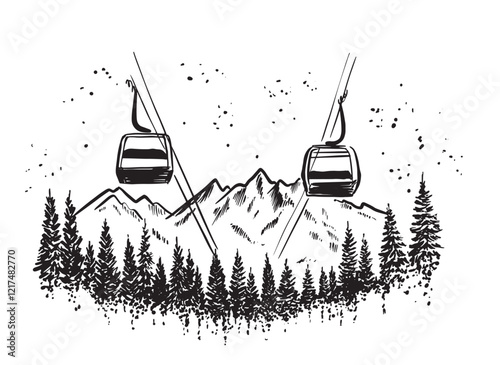 Ski Lift in mountain, Winter, on white, hand drawn	
