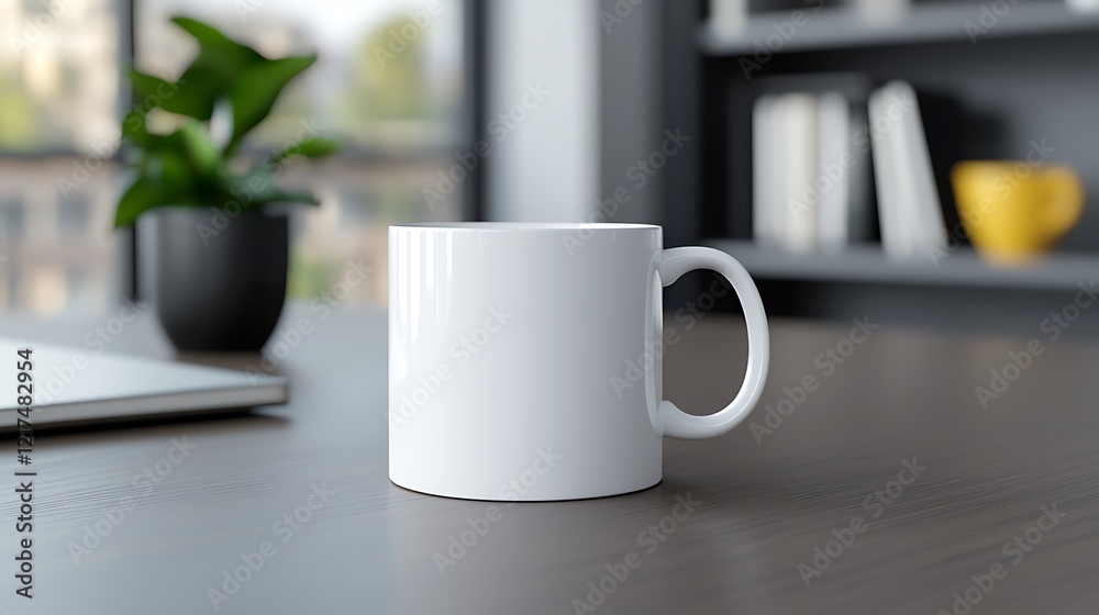Plain white coffee mug on a desk in a modern office. Plain white coffee mug on a desk in a modern office.