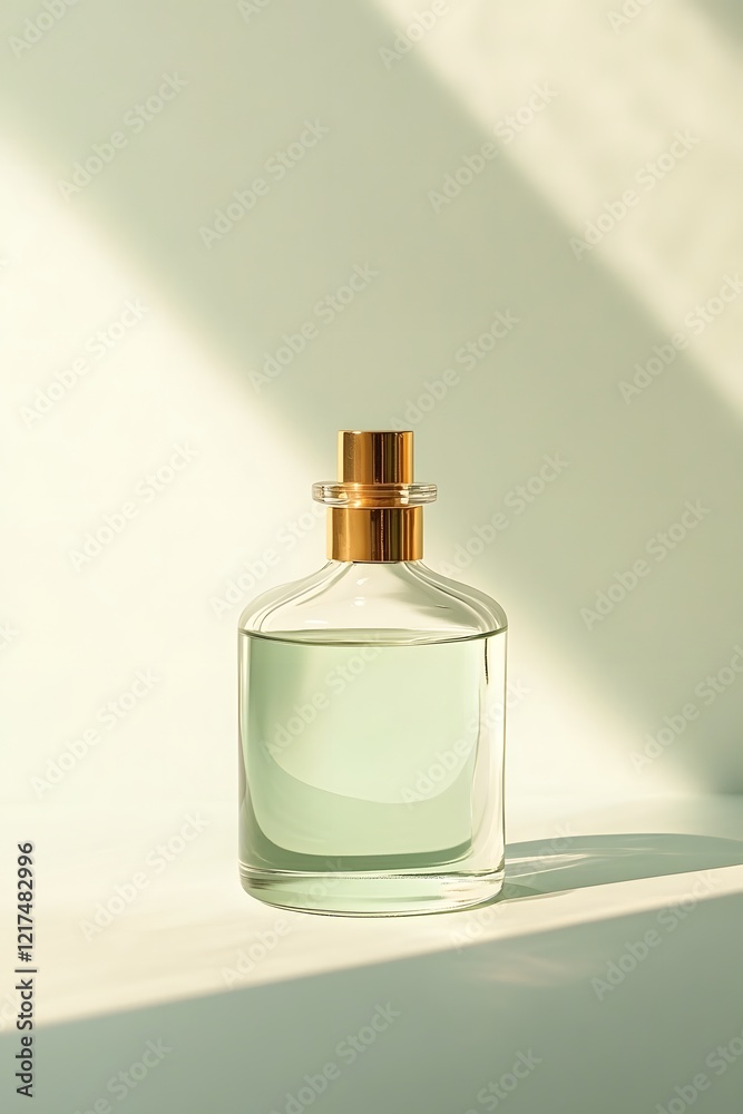 Minimalist Glass Bottle with Luxurious Golden Cap in Pastel Studio Setting Minimalist Glass Bottle with Luxurious Golden Cap in Pastel Studio Setting
