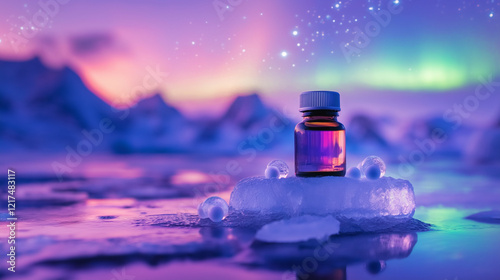 Glass vial with homeopathic pellets on ice under northern lights, with copy space, symbolizing natural remedies and Arctic serenity.