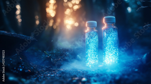 Two glowing vials in a mystical forest setting with fog and soft light, with copy space, symbolizing natural healing and magical wellness.