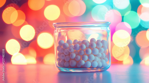 Glass jar filled with homeopathic pellets on a reflective surface, surrounded by vibrant colorful bokeh, with copy space, symbolizing natural remedies and holistic wellness.