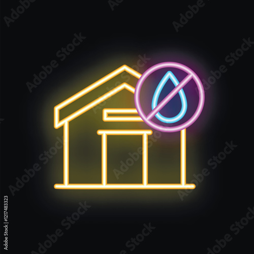 Neon sign illustrating water shortage concept with a house and a forbidden symbol over a water drop