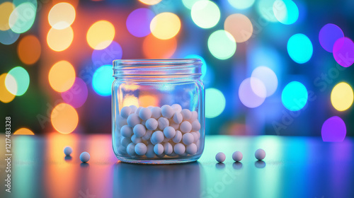 Glass jar filled with homeopathic pellets on a reflective surface, surrounded by vibrant colorful bokeh, with copy space, symbolizing natural remedies and holistic wellness.