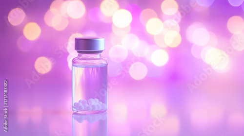 Glass vial with homeopathic remedies on a reflective surface, surrounded by pink and purple bokeh lights, with copy space, symbolizing natural healing and holistic wellness.