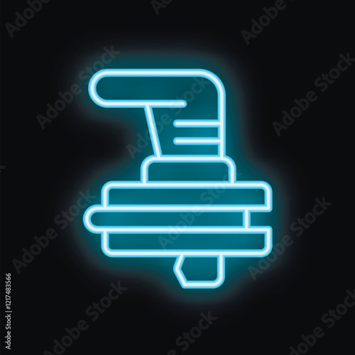 Bright blue neon icon of a hand crank generator being powered on dark background