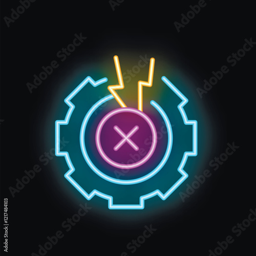 Neon icon of a gear experiencing a system error, with lightning bolts emanating from the center, symbolizing a malfunction or breakdown