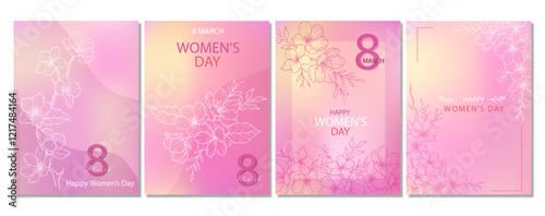 Womens Day Card. Set of Floral Posters for 8th March. Flower design Womens Day Greeting Cards. Women Day background Templates with Floral Line Art.