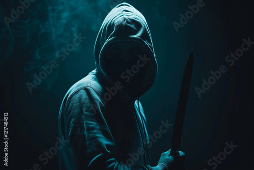 Dark and Sinister Depiction of a Hooded Figure Wielding a Knife in an Ominous Setting Generative AI photo