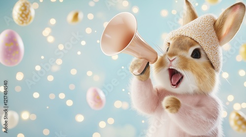 A cute bunny in a pastel hat holding a small megaphone, surrounded by decorative Easter eggs against a whimsical light blue background