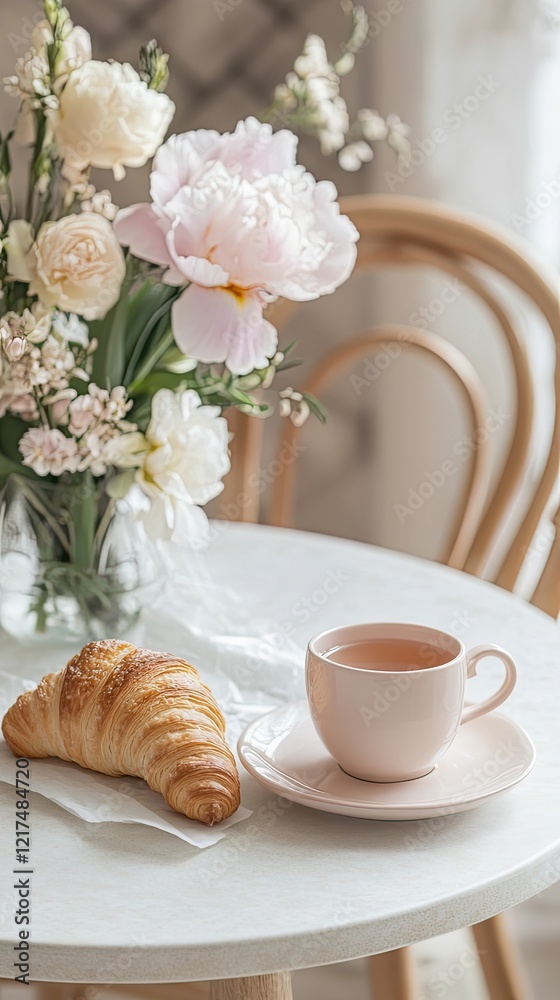 Delicate Breakfast Scene with Croissant and Tea Delicate Breakfast Scene with Croissant and Tea