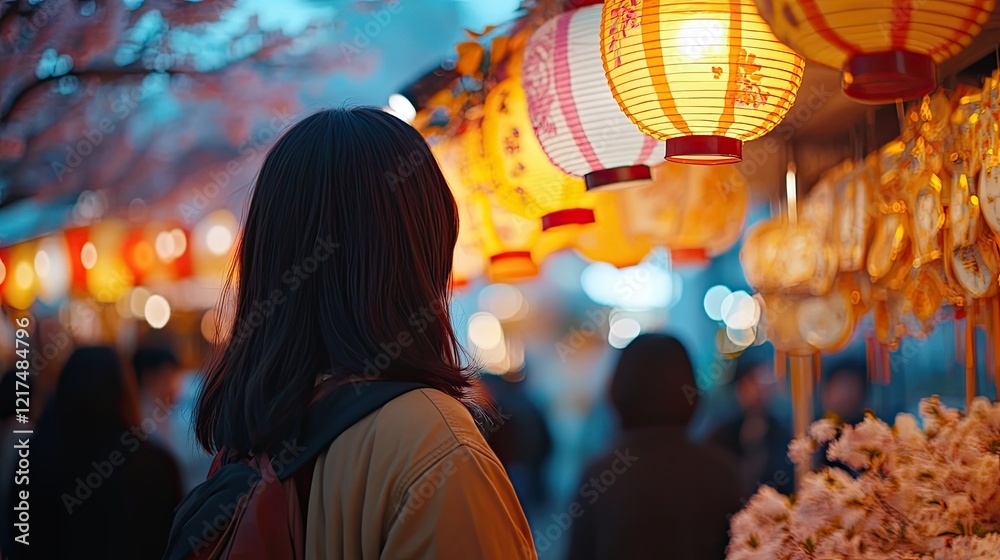 Naklejka premium Evening Market Scene in Asia with Lanterns and Blossom