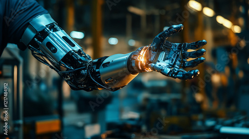 Advanced robotic prosthetic arm in a futuristic factory, symbolizing innovation and the evolution of technology.