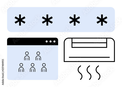 A browser window with team icons, secure password asterisks, and an air conditioning unit. Ideal for teamwork, security, digital collaboration, privacy, technology, workspace comfort abstract line