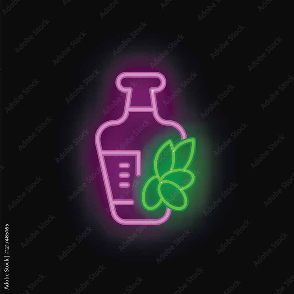 Neon sign depicting a bottle of olive oil with olives, glowing on a black background Neon sign depicting a bottle of olive oil with olives, glowing on a black background