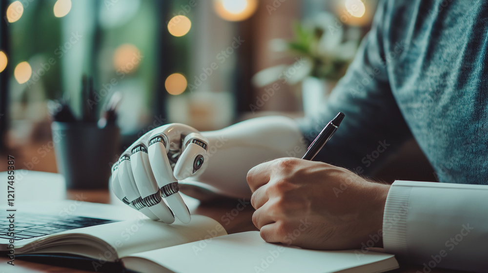 Person with a robotic prosthetic hand writing in a notebook at a cozy desk, symbolizing innovation and human adaptability.