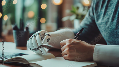Obraz na płótnie Person with a robotic prosthetic hand writing in a notebook at a cozy desk, symbolizing innovation and human adaptability. w salonie