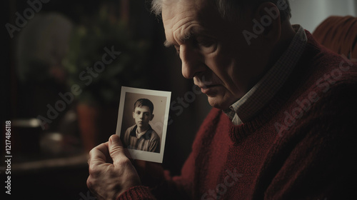 Elderly man holding a vintage photograph with a pensive expression, symbolizing nostalgia and memories, emotional concept.