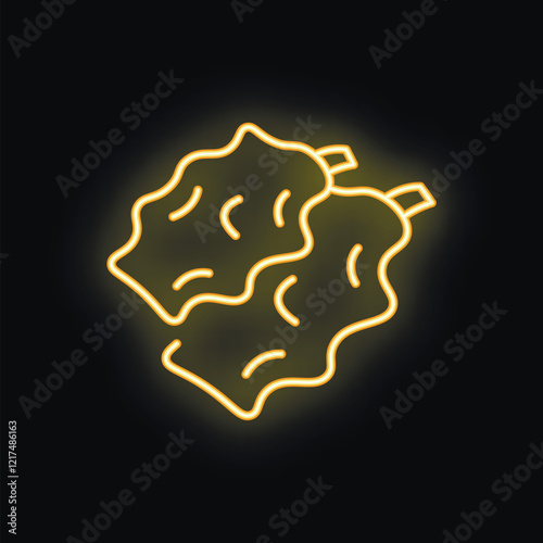 Neon glowing yellow icon of a pair of shin guards, protective gear for playing soccer or other sports