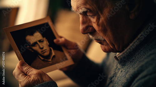 Elderly man holding a vintage photograph with a pensive expression, symbolizing nostalgia and memories, emotional concept.