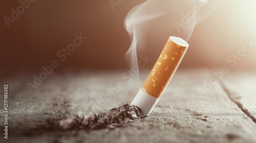 Extinguished cigarette butt in ashes with rising smoke on light background, symbolizing the end of smoking and health awareness.
