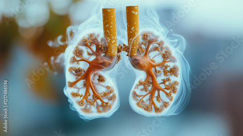Cigarettes forming human lungs surrounded by smoke, symbolizing smoking-related health risks and anti-smoking awareness.