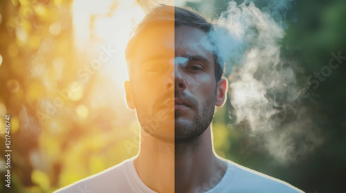 Young man reflecting duality of smoking and health in nature, anti-smoking awareness concept.