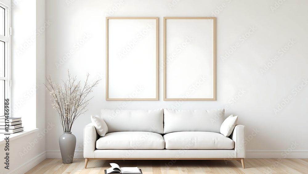 Fototapeta premium Modern Living Room with Blank Horizontal Poster Frame