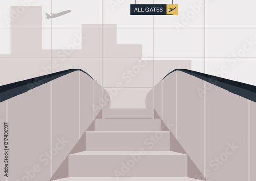 Empty escalator leads toward the gates in an expansive terminal, highlighting the vastness of the space as an aircraft looms in the distance, emphasizing tranquility