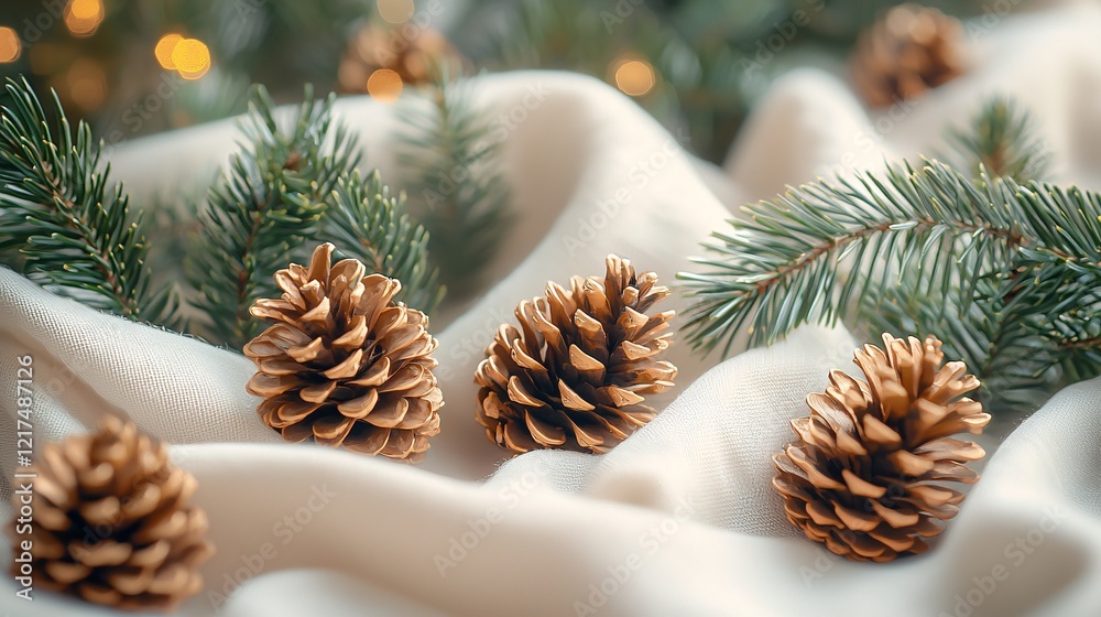 Fototapeta premium festive golden pinecones on soft fabric with holiday greenery