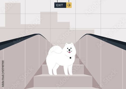 A fluffy Samoyed stands proudly on the escalator as it ascends in a city metro, exuding joy and curiosity while surrounded by urban architecture