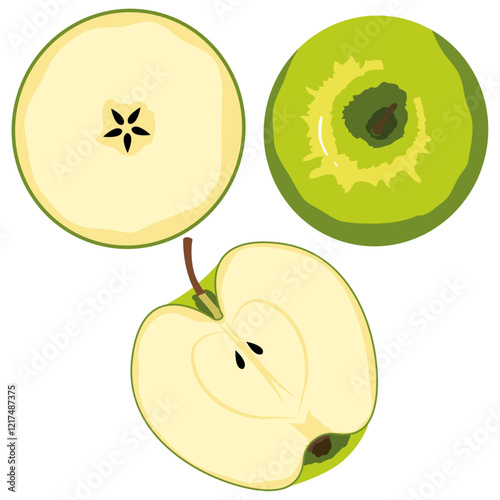 green apple top view,  fresh green apples and slices.