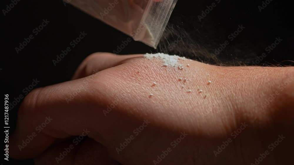 Person preparing illegal street drugs like white crystalline powder for consumption by snorting. Opioid epidemic is a major public health crisis leading to addiction, overdoses, and deaths.