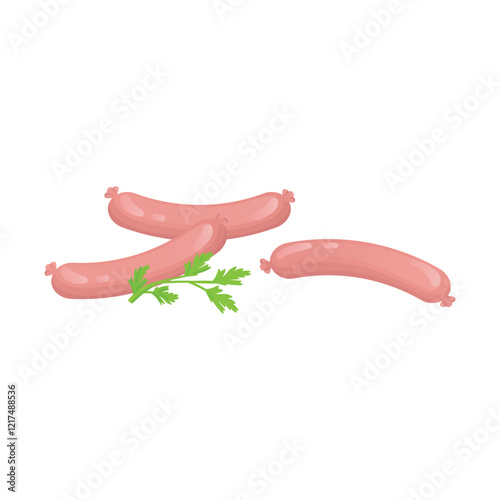 Pink boiled sausages in flat design. Tasty meat frankfurters for picnic. Vector illustration isolated.