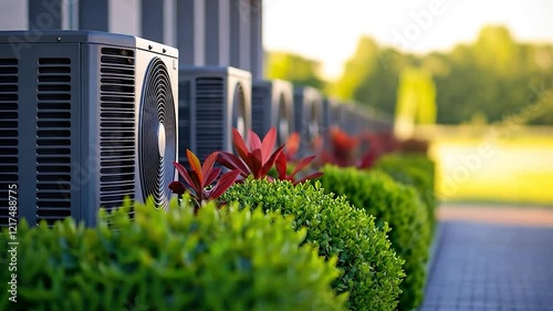Air conditioning units in a garden with colorful foliage.