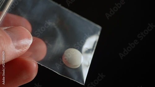 Hard drugs addictive person holding oxi opioid pill drug that he purchased from the dealer at the street. Close-up of a illegal drugs single pill in a small plastic bag held by hand, opioid crisis. photo