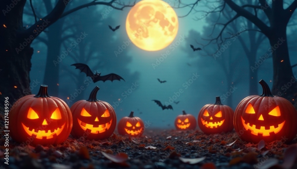 Flickering jack-o-lanterns illuminate a spooky night scene amidst white gauze backdrop, halloween, bats, autumn