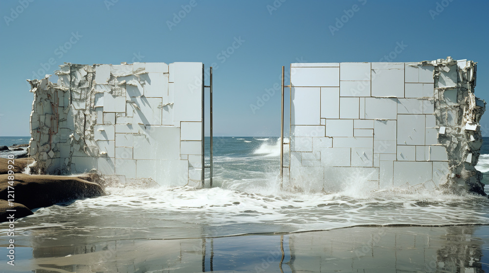 Obraz premium Coastal Ruins: White Structures by the Sea