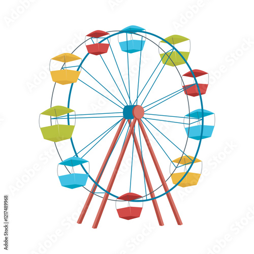 Big ferris wheel in flat design. Amusement park attraction, circle carousel. Vector illustration isolated.