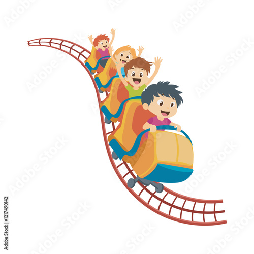 Children at roller coaster in flat design. Kids riding at extreme attraction. Vector illustration isolated.