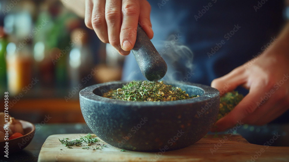 Close-up of hands grinding fresh herbs and spices in a stone mortar on a rustic wooden table, emphasizing natural culinary practices, herbal medicine, and homeopathic remedies in a warm atmosphere. Close-up of hands grinding fresh herbs and spices in a stone mortar on a rustic wooden table, emphasizing natural culinary practices, herbal medicine, and homeopathic remedies in a warm atmosphere.