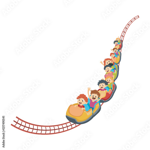 Children at roller coaster in flat design. Kids enjoying railway attraction. Vector illustration isolated.