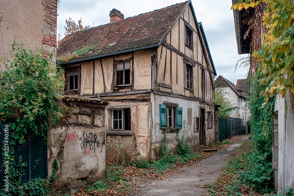 Obraz premium Forgotten charm of an abandoned house in a quiet village lane