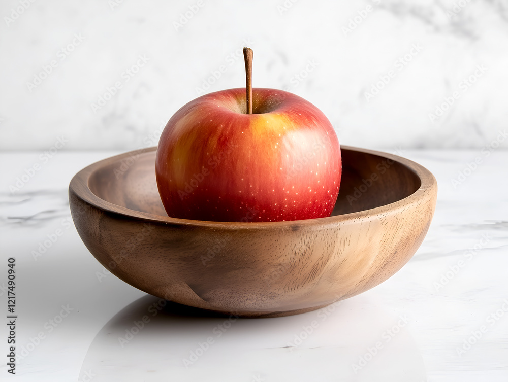 Single red apple in a wooden bowl on a marble surface, minimalist still life photography, healthy eating concept Single red apple in a wooden bowl on a marble surface, minimalist still life photography, healthy eating concept