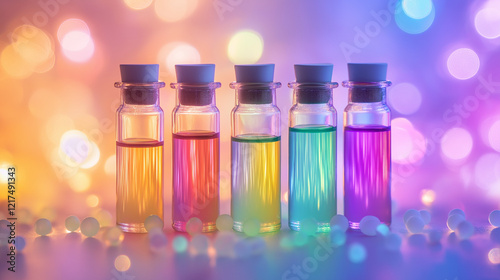 Colorful homeopathic liquid medicines in glass vials with vibrant glowing bokeh background, representing alternative medicine, natural remedies, and holistic health solutions for wellness and healing.