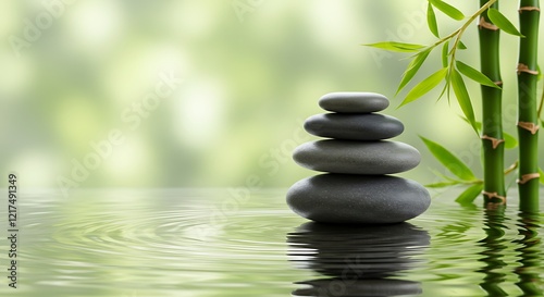 Tranquil Zen Stones with Bamboo Leaves on Reflective Water