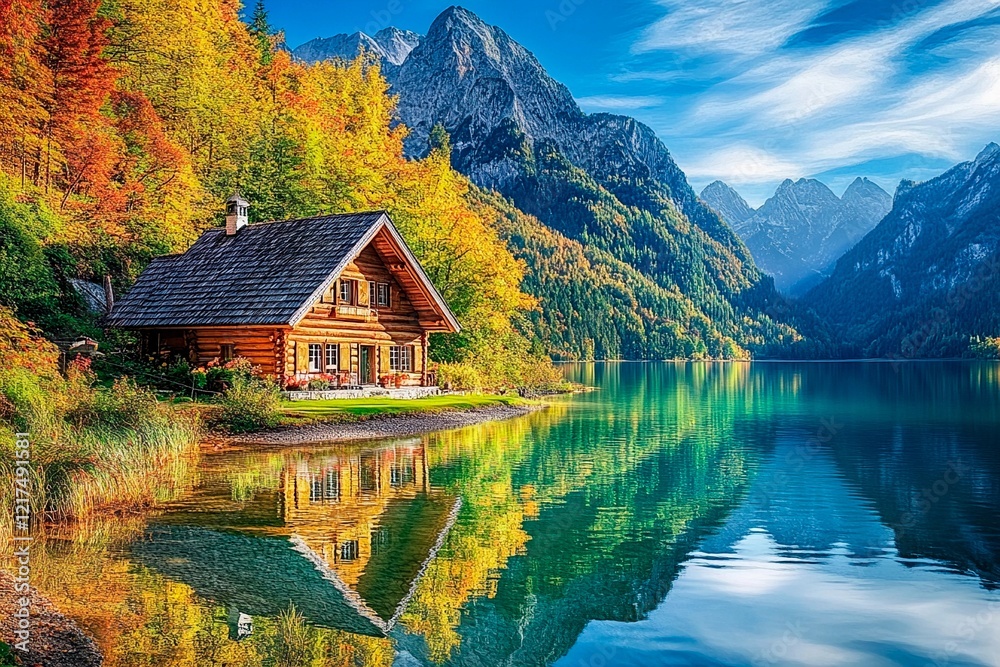 Rustic cabin nestled by a serene lake in an autumn landscape surrounded by majestic mountains Rustic cabin nestled by a serene lake in an autumn landscape surrounded by majestic mountains