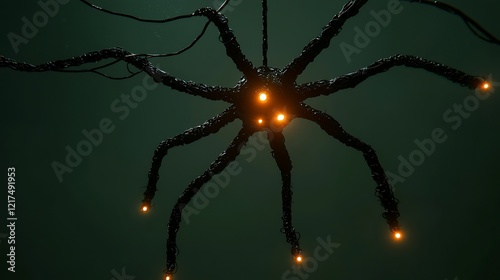 Glowing alien creature descends, dark background, sci-fi horror